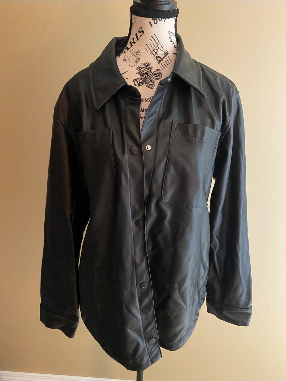 Classic Black Pleather Jacket - Women's Relaxed Button Front